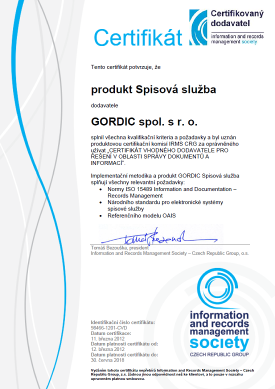 GORDIC opět obdržel Certifikát vhodného dodavatele pro spisovou službu